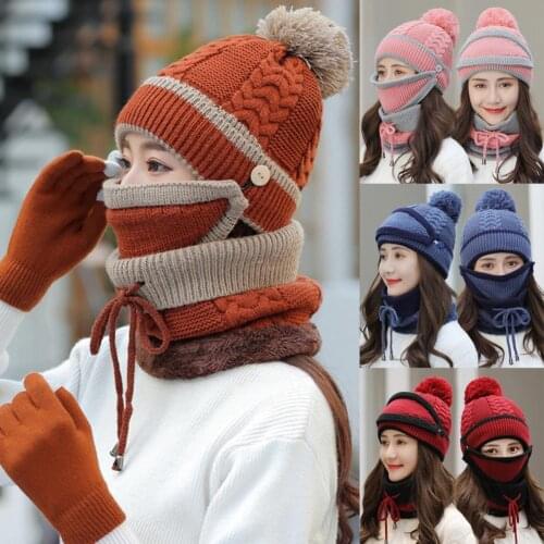 Women Winter Knitted Beanie Cap Warm Face Cover Neck Scarf Gloves Outdoor Set