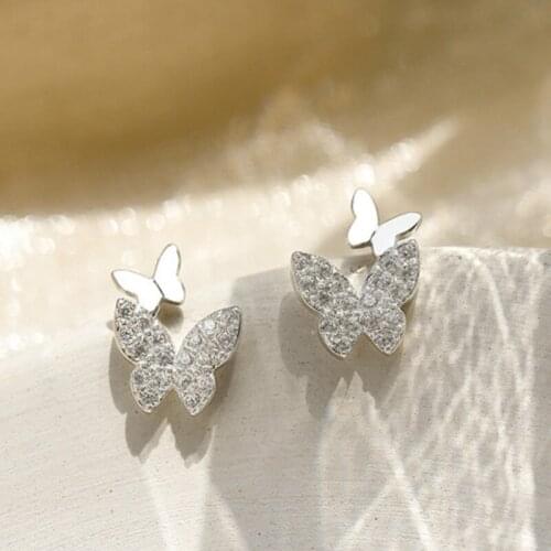 S925 sterling silver creative delicate diamond butterfly stud earrings female accessories Fashion Simple Shine Cute Fairy