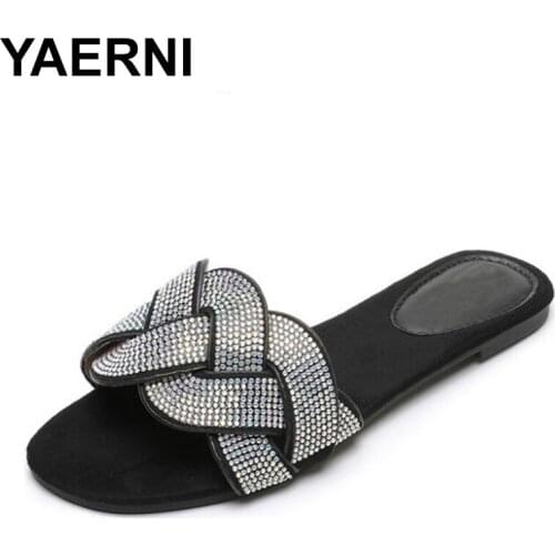 YAERNI Fashion Leisure Ethnic Slides Women Solid Crystal Slip-On Slippers Outside Low Flat With Ladies Shoes
