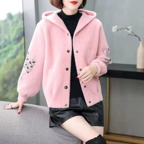 2021 New Autumn Winter Womens Casual Embroidery Hooded Knitted Sweater Cardigan Female Imitation Mink Velvet Sweater Jacket N53