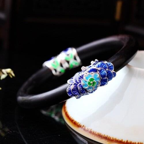 Silver Wholesale Womens Vintage S925 Sterling Silver Open Ended Bangle Hand-set Natural Ebony Bangle