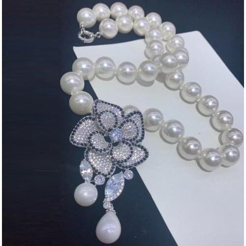 Big flower black and white zircon exaggerated pendant natural pearl necklace choker for women holiday party high jewelry