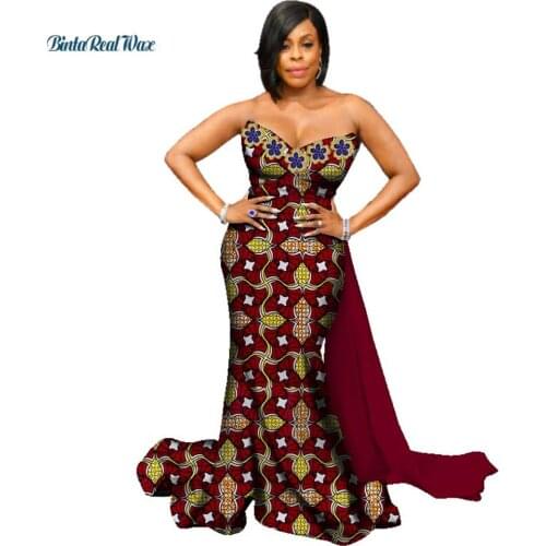 High Quality Vestidos African Wax Print Dresses for Women Appliques Strapless Long Dresses Bazin Riche African Clothing WY3073
