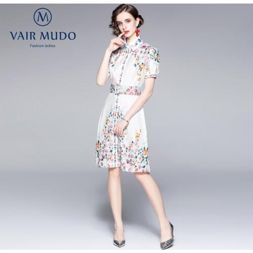 Women Dress Fashion Elegant Celebrity Temperament Lapel Short-Sleeved Retro Printed Puff Sleeve Slim Dress Women Chiffon Y-151