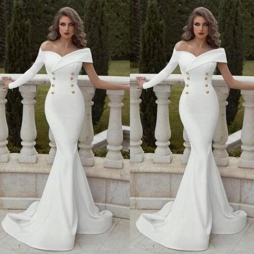 Cheap Sexy Mermaid Wedding Dress 2020 Off The Shoulder Ruffles Sweep Train Vestido De Novia Buttons Robe De Soiree Bridal Gowns