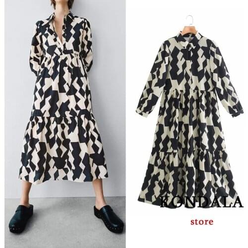 KONDALA Za 2021 Vintage Geometric Print Women Dress Long Sleeve Loose Ruffles Midi Dress Elegant Fashion Autumn Mujer Vestidos