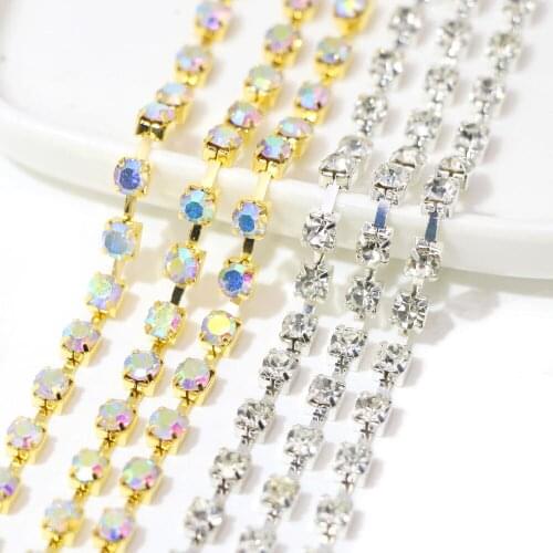 1Yard Rhinestones Chain Crystal AB Glass Gold/Sliver Base Crystal Trim Cup Claw Chain Sew On Rhinestones DIY Clothes/Dresses/Bag