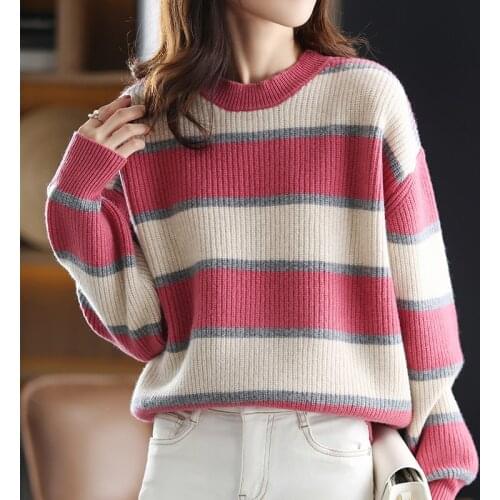 100% Cashmere Wool Sweater Autumn/ Winter 2021 Womens O-Neck Pullover Casual Color-Blocking Jacket Knitted Top Ladie Large Size