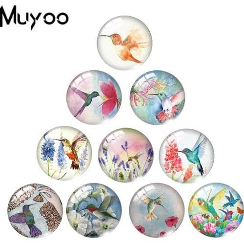2019 New Flower Hummingbird Glass Cabochon Bird Paintings Round Cabochons Handmade Jewelry Gifts