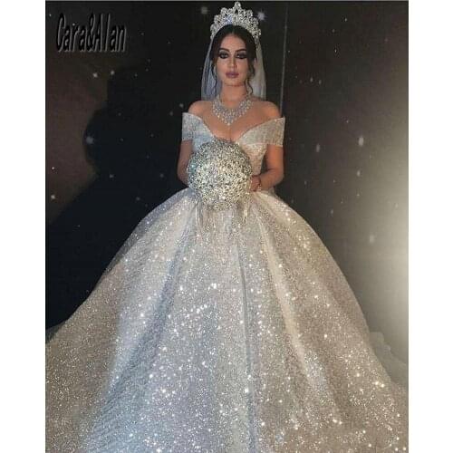 Sparkle Arabic Victoria Robe De Soirée De Mariage Ball Gown Wedding Dresses 2021 Off the Shoulder Sequin Vintage Bridal Gowns
