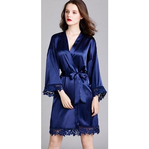 Women Satin Silk Bathrobe Sexy Kimono Gown Nightgown Bride Bridesmaid Wedding Robe Lace Patchwork Sleepwear Loose Lingerie