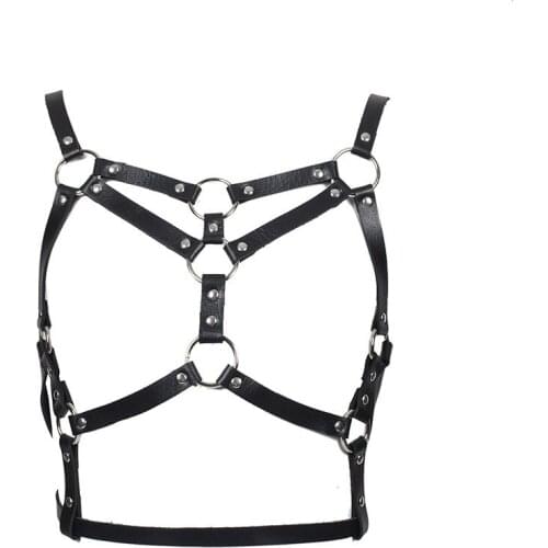 Hot Selling Black Leather Garter Two Piece Set Sexy Harness Bra Cage Adjustable Suspenders Belts Metal Rivet Clubwear For Lady