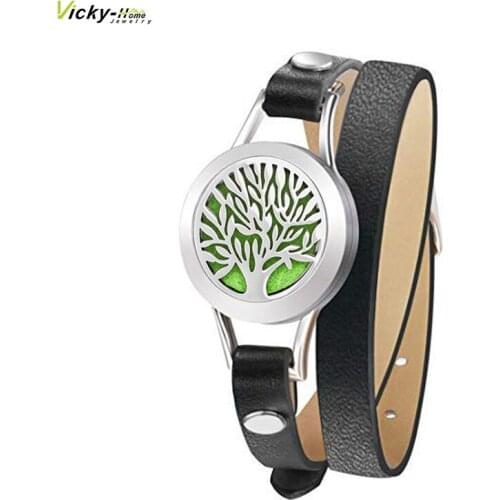 Magnet Tree Of Life 25mm Black Genuine Leather Aroma Locket Stainless Steel Bangle Essential Oils Aromatherapy Locket Bracelet