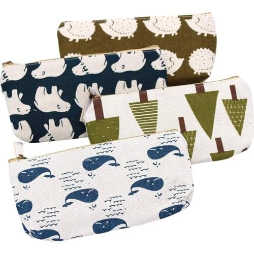 XRHYY Set Of 4 Adorable Forest and Animal Linen Pencil Case Pen Zipper Bag Coin Organizer Makeup Costmetic Bag Pouch