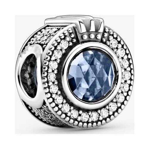2020 New Style 925 Sterling Silver Sparkling Crown O charm Fit pandora Charm Bracelet Round Blue Charm Bead DIY Jewelry