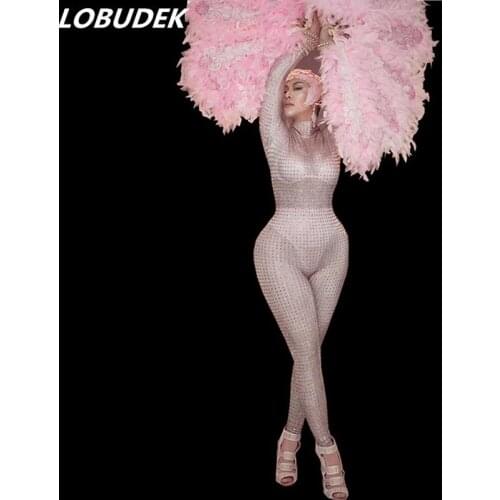 New Female Full Rhinestones Skinny Jumpsuit Pink Feathers Fans Headdress Stage Wear Singer Dancer Nightclub Costume Performance