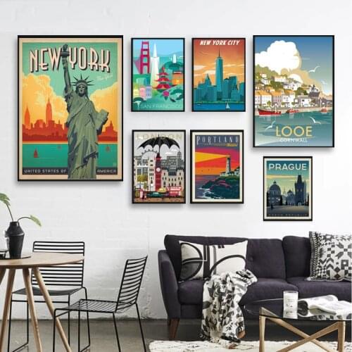 Landscape Poster New York, Netherlands, Amsterdam, France, retro tourism city, printing, painting, art wall, picture room, home