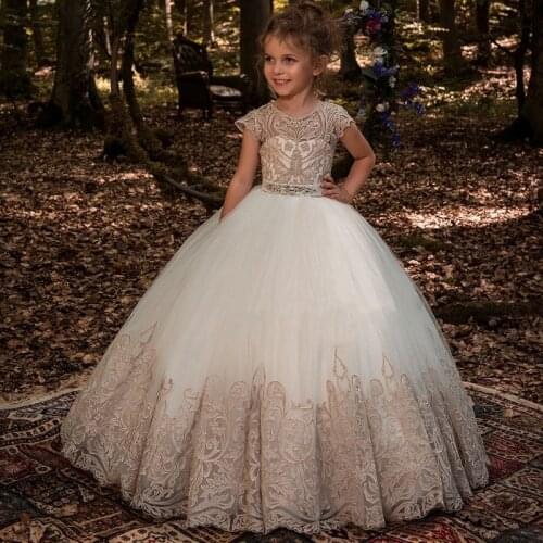 New Flower Girls Dresses High Quality Lace Appliques Beading Ball Gowns Beading Floor Length Pageant First Communion Dresses