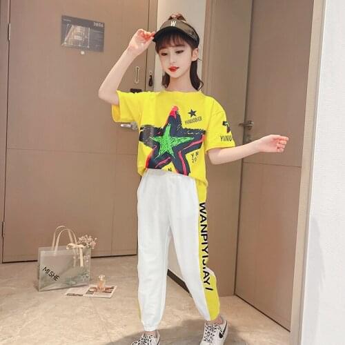 Short sleeved print sport suit girl summer 2021 new style 3-12Y girl fashion foreign style loose casual two-piece set