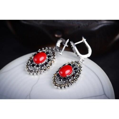 Luxury Jewelry Girls New Earring Pendientes De gem Labrado Hte Long Sein gem Carving 925 Natural stone gems Red zircon earrings