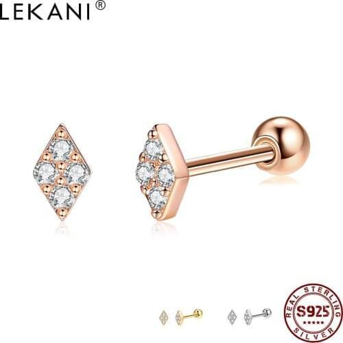 LEKANI Geometric Rhombus 925 Sterling Silver Stud Earrings For Women Full Clear Cubic Zirconia Small Earring Party Fine Jewelry