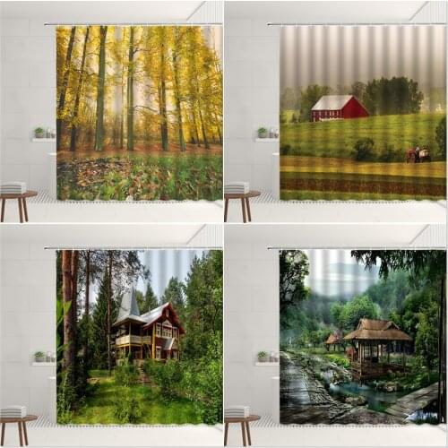 Old Retro Wooden House Shower Curtain Ethnic Style Building Farm Green Forest Plant Tree Home Living Room Bathroom Decor Screen