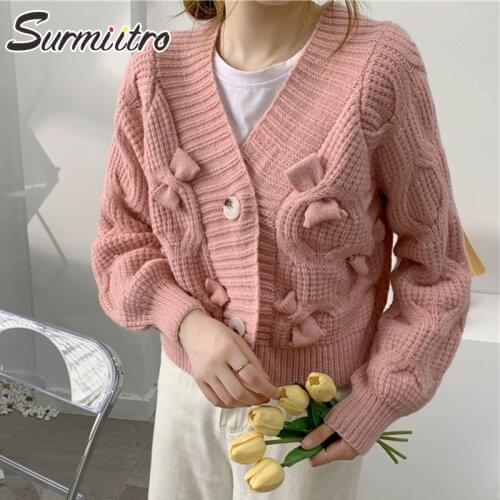 SURMIITRO 2021 Fashion Autumn Winter Coarse Knit Crop Cardigan Women Korean Style Pink Bow Long Sleeve Female Short Sweater Coat