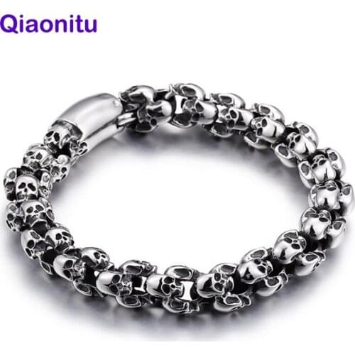 12mm Heavy Punk Shiny Matte Skull Bracelets Hiphop Men Stainless Steel Skull Charm Biker Chain Brecelets Male Gothic Jewelry