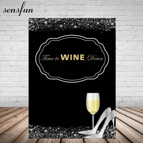 Sensfun Time to wine down Black Birthday Party Photography Backdrop Champagne Silver Glitter High Heels Backgrounds 5x7FT Vinyl
