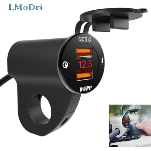 LMoDri 12V Motorcycle Waterproof Quick Charge QC3.0 Dual USB Fast Charger Power Adapter LED Voltmeter Switch for Phone GPS