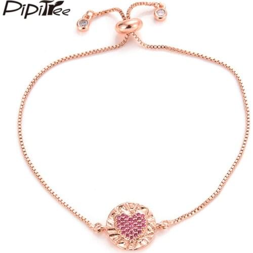 Pipitree Hot Pink Cubic Zirconia Heart Bracelet for Lovers Bridal Wedding Rose Gold Color Charm Bracelets Women Chain Jewelry