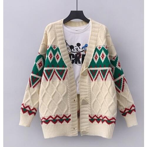 2021 Autumn Korean Fashion Womens Sweaters Single-Breasted Knit Cardigan V-Neck Thick Long-sleeved Woman Coat Tops Oversize