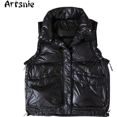Artsnie Winter 2020 double pockets down coat vest women black casual warm jackets female streetwear slim vest chaqueta mujer