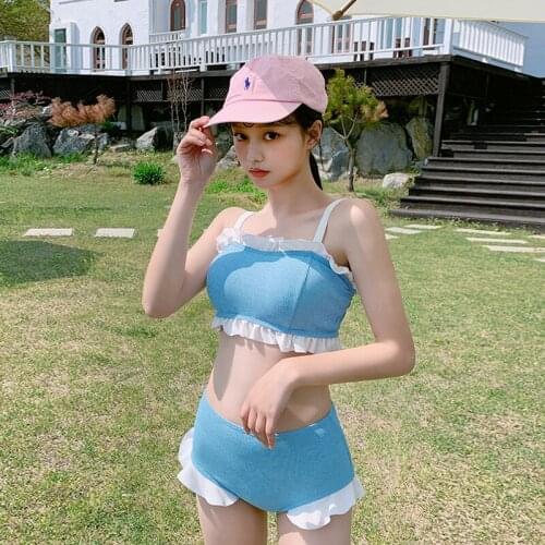High Waist Split Blue Ruffle Sling Swimsuit Split Swim Suit Japanese Beachwear Swimwear 2 Piece Women Bathing Suit Bikini Set