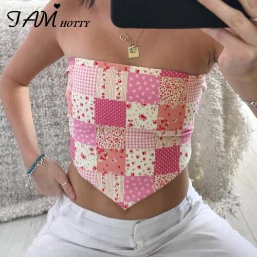 Pink Floral Printed y2k Patchwork Camisole Corset Top Women Summer Kawaii Strapless Sexy Party Beach Lace-up Hot Vest Iamhotty