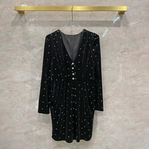 2021 Spring Runways High quality Womens High-rise long sleeves dress Sexy V-neck Diamonds velvet dress B794