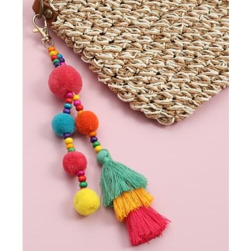 Bohemian Colorful Handmade Tassel Pompon Keychain Layered Key Ring For Women Boho Handbag Accessories Key Holder Jewelry Gifts