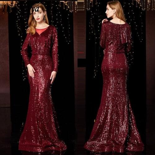 Its YiiYa Formal Dress Tassel Sequined O-Neck Floor-Length Women Party Dresses Mermaid Long Sleeve Pleat Robe De Soiree K040