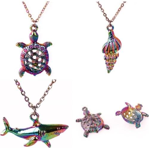 Romantic holiday gifts 1pcs Rainbow Color Alloy ocean tortoise shark conch seaside Necklaces free Stainless steel chain 20
