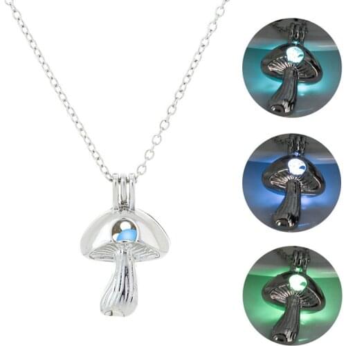 2PCS Glow in the Dark Long Chain Glowing Stone Necklace Mushroom Locket Pendant Necklace Women Jewelry