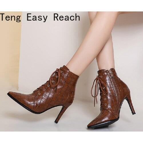 New Autumn Winter High Heels Ankle Boots for Ladies Lace Up Pointed Toe Boots Zipper Office Lady Boots Women 2021
