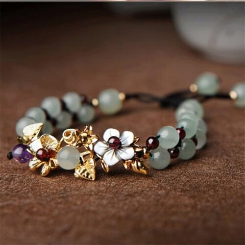 Natural Jade Bead Bracelet Femme 14K Gold Planting Red Garnet Braceets for Women Jewelry Ethnic Vintage Stone Charms Bangle Gift