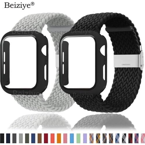 Galss Case+Adjustable Braided Solo Loop Strap For Apple Watch Band 42mm 38mm Elastic Bracelet iWatch 40mm 44mm Series 6 SE 5 4 3