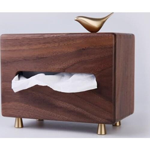 Premium Wooden Tissue Box, Black Walnut Decorative Roll Paper Tube, Luxury Brass Bird Decoration, Restaurant Napkin Pumping Box