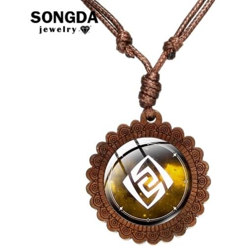 Genshin Impact Wooden Necklace Eye of God Water Wind Thunder Fire Rock Ice Element Pattern Choker Trendy Retro Unisex Jewelry