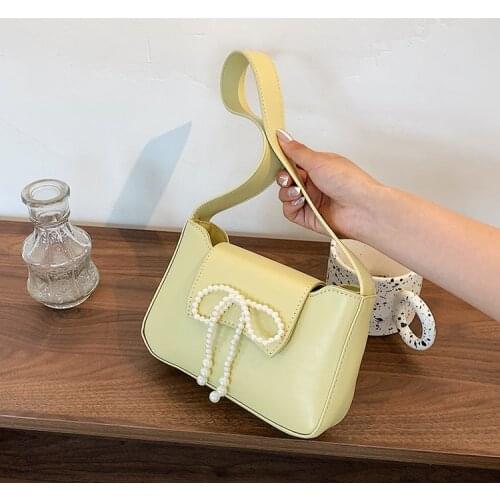 Designer PU Leather Baguette Bag with Pearl Bow for Women 2021 Female Travel Fashion Solid Color Shoulder Purses and Handbags