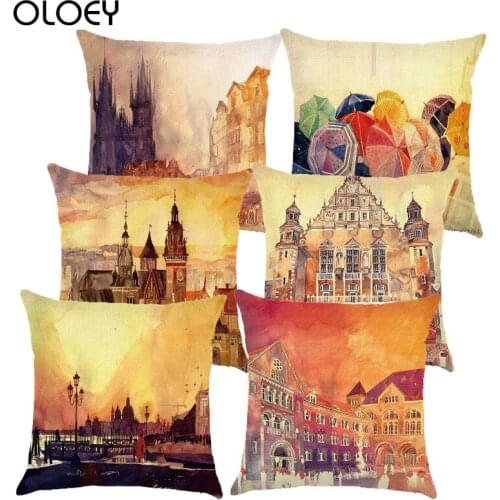 Double-sided Printing Landscape Painting Linen Cushion Cover Size 45x45cm Home Bedroom Office Hotel Car Decoration Cushion Cover