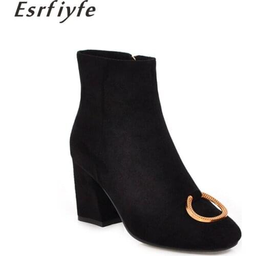 ESRFIYFE 2020 New Autumn Winter High Heels Square Toe Ankle Boots for Women Fashion Flock Shoes Woman Motorcycle Botas Mujer
