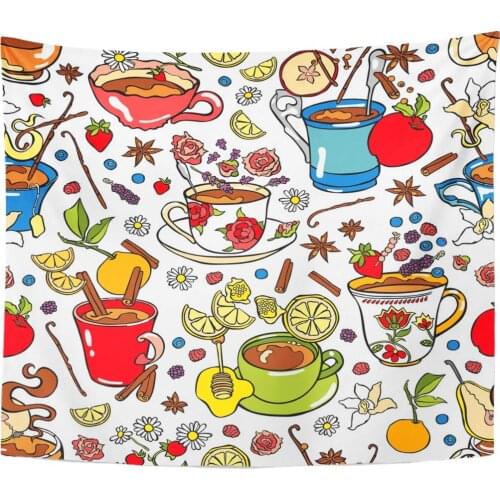 Berries Orange Apple Hot Drink Tea Cup Pattern Slice Carnation Chamomile Tapestry Home Decor Wall Hanging for Living Room