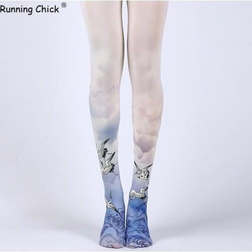 RUNNING CHICK Wonderland Flying Crane Print Pantyhose Chinese Style